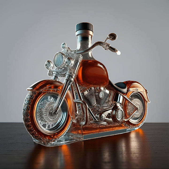 Stylish motorcycle glass decanter for whiskey & spirits. Unique barware display piece, great home bar gift.