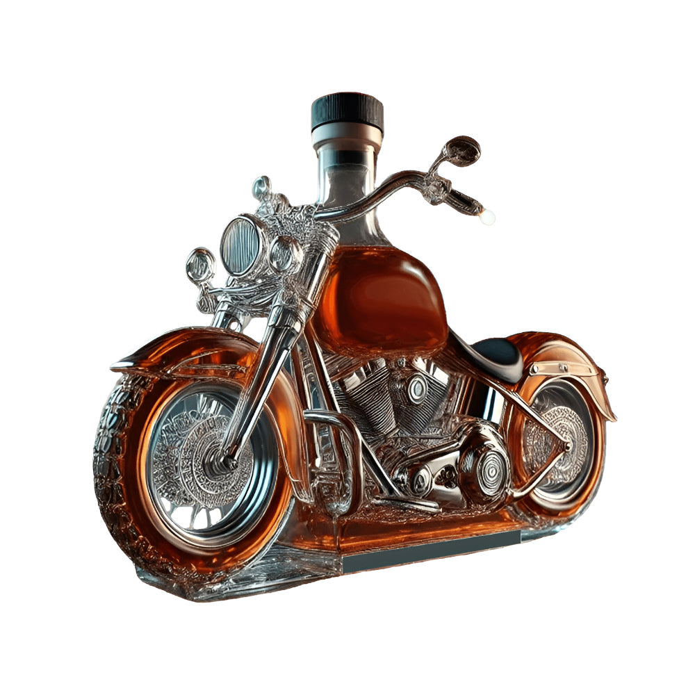 Elaborate glass motorcycle whiskey decanter, an eye-catching display bottle for any home bar or den.