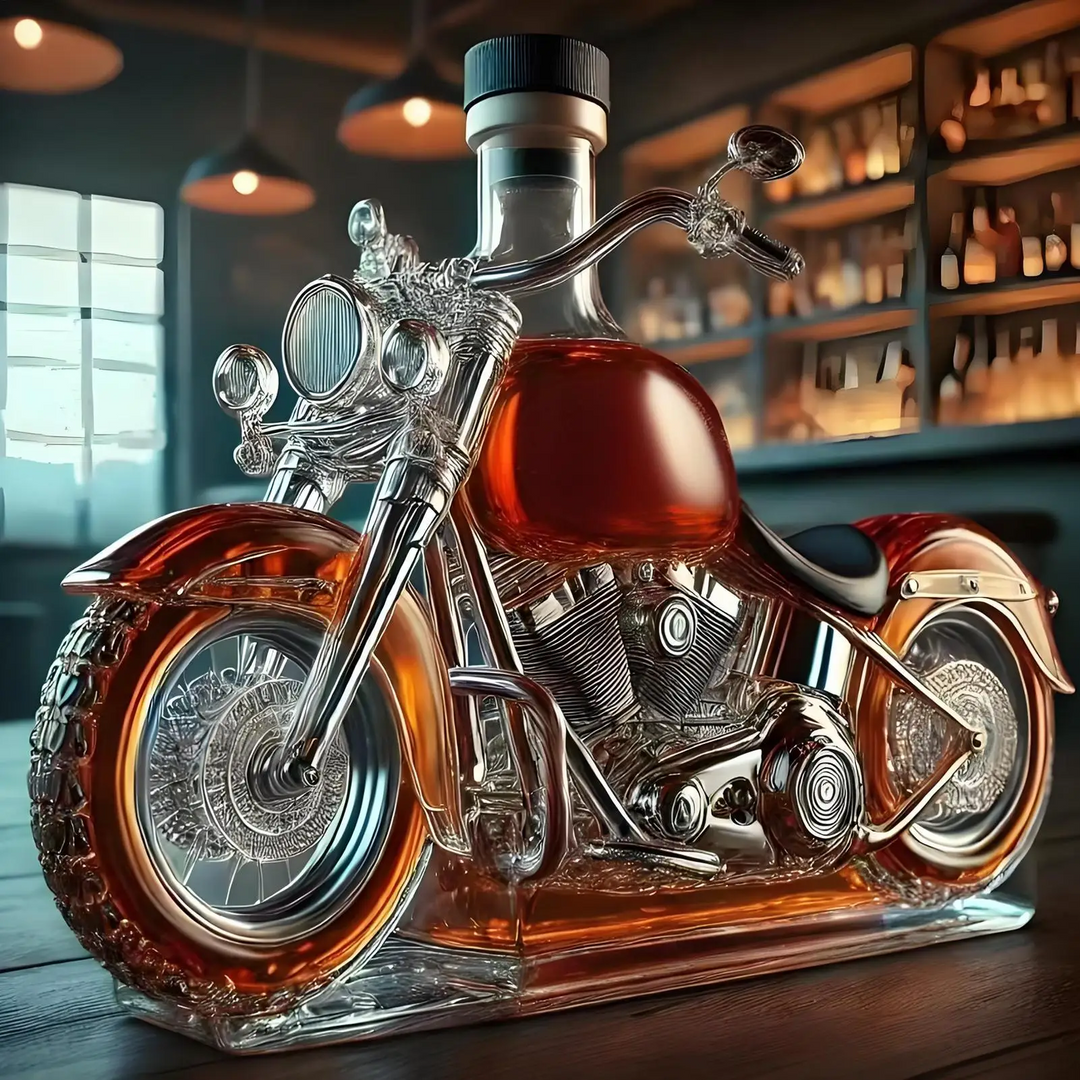 Unique motorcycle whiskey decanter, clear glass, for spirits, unique bar accessory & gift for enthusiasts.