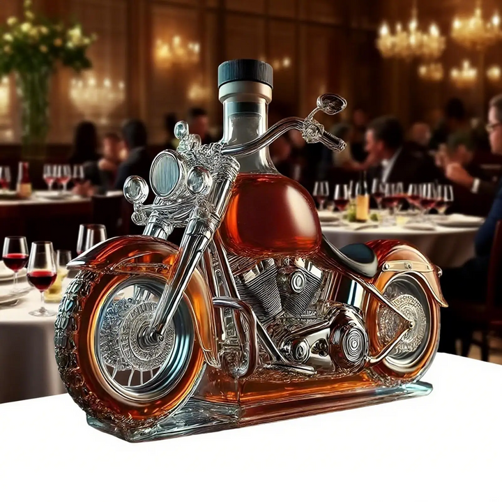 Motorcycle-shaped glass whiskey decanter for bourbon & scotch. Elegant spirits dispenser & home bar decor gift.