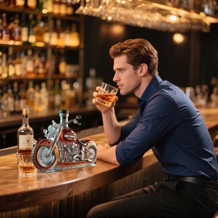 Hand-blown glass motorcycle whiskey decanter, a unique gift for spirits enthusiasts & home bar accessories collection.