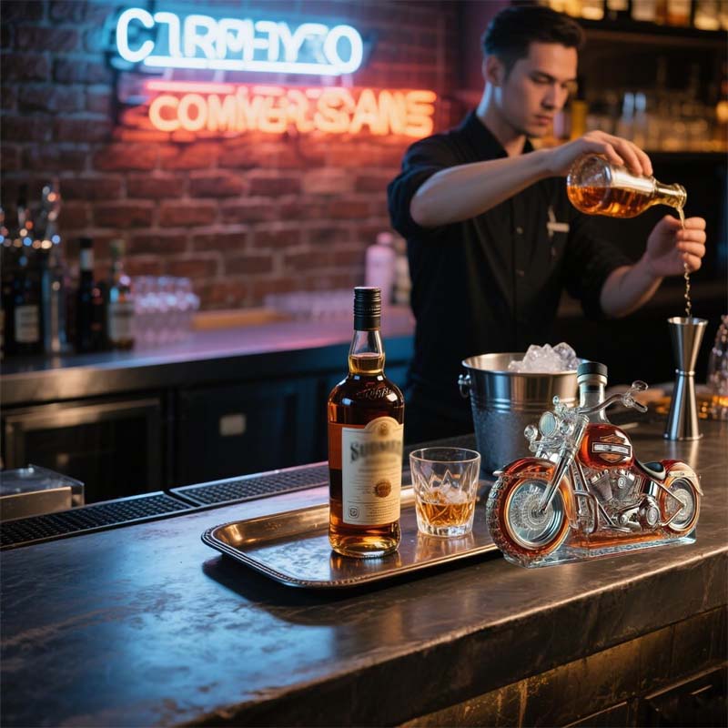 Stylish motorcycle glass decanter for whiskey lovers. Perfect barware, drinkware, & home decor for any enthusiast.