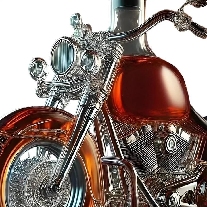 Elegant motorcycle-shaped spirits decanter & drinkware. A unique bar accessory gift for whiskey & liquor enthusiasts.