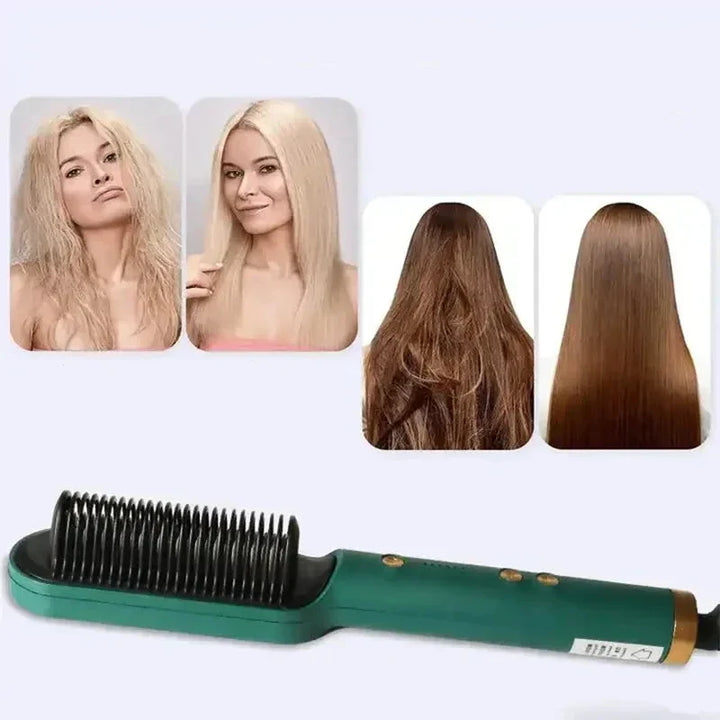 "Unisex 2-in-1 Hair Straightening & Curling Brush with ergonomic handle and ceramic bristles, versatile styling tool."