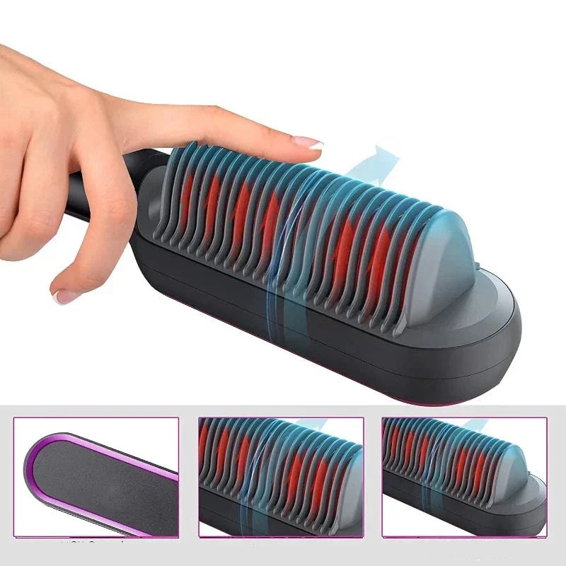 "Unisex 2-in-1 Hair Straightening & Curling Brush with ergonomic handle and ceramic bristles, versatile styling tool."