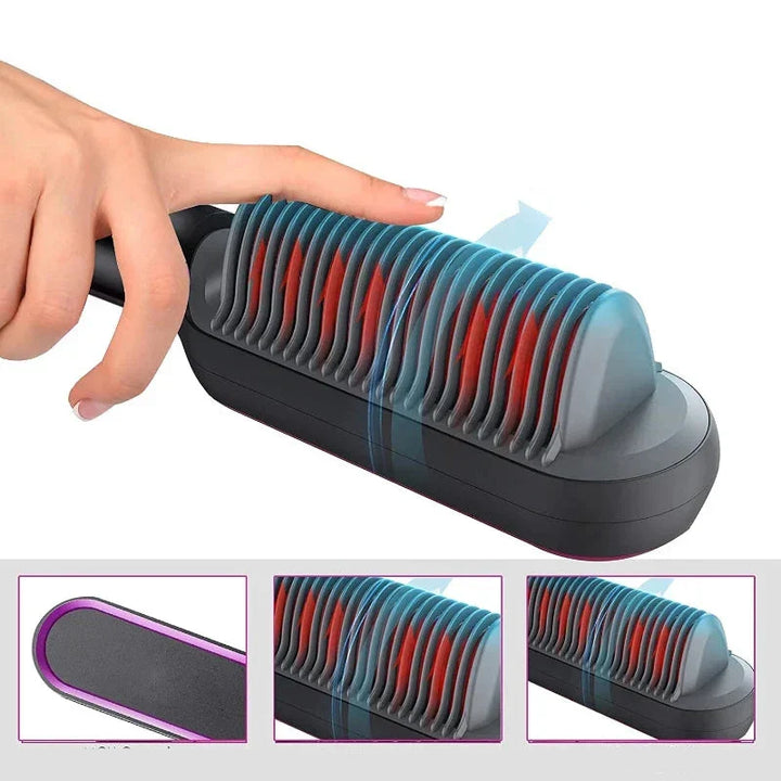 "Unisex 2-in-1 Hair Straightening & Curling Brush with ergonomic handle and ceramic bristles, versatile styling tool."