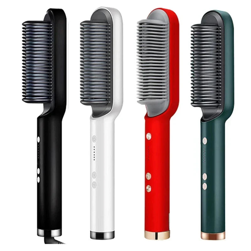 "Unisex 2-in-1 Hair Straightening & Curling Brush with ergonomic handle and ceramic bristles, versatile styling tool."