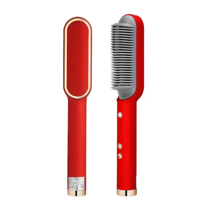 "Unisex 2-in-1 Hair Straightening & Curling Brush with ergonomic handle and ceramic bristles, versatile styling tool."