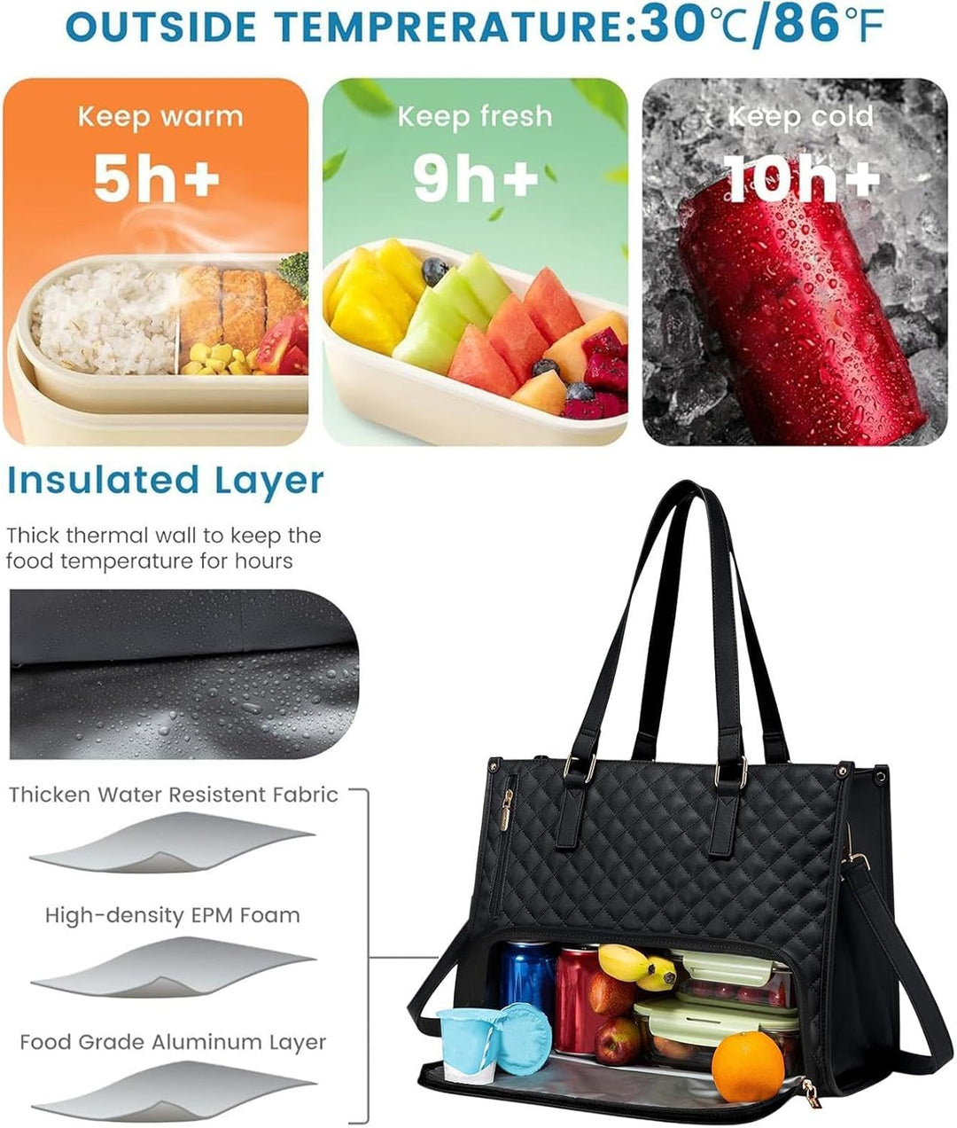 Sleek insulated work tote for men & women. Features separate compartments for lunch & 15-inch laptop, ideal for daily commute.