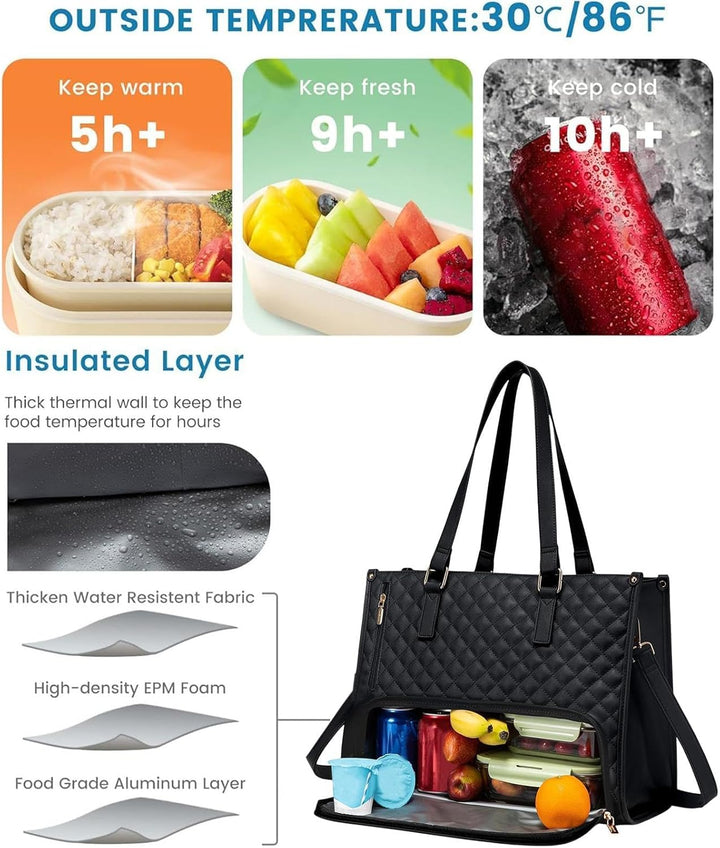 Sleek insulated work tote for men & women. Features separate compartments for lunch & 15-inch laptop, ideal for daily commute.