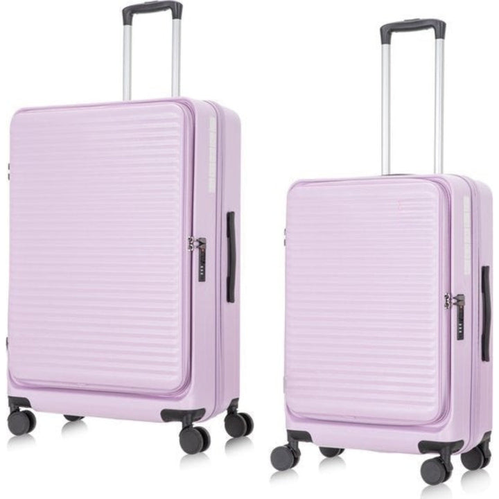 Expandable hardshell luggage set, ideal for vacations and extra packing space.