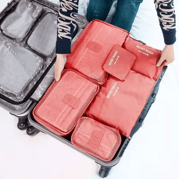 Unisex 2-piece luggage organizer set for space-saving travel.