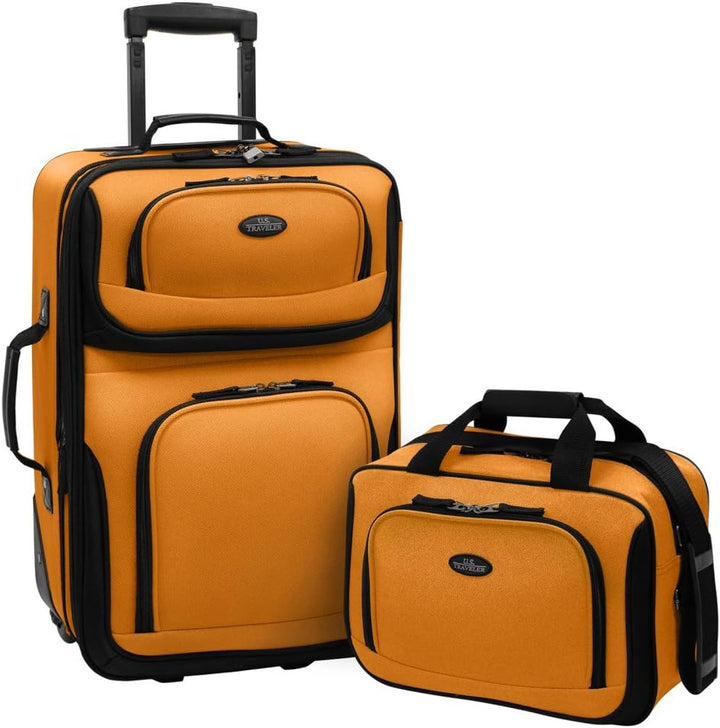 Unisex 2-piece softside carry-on luggage set with rolling suitcase & matching tote, expandable for travel.