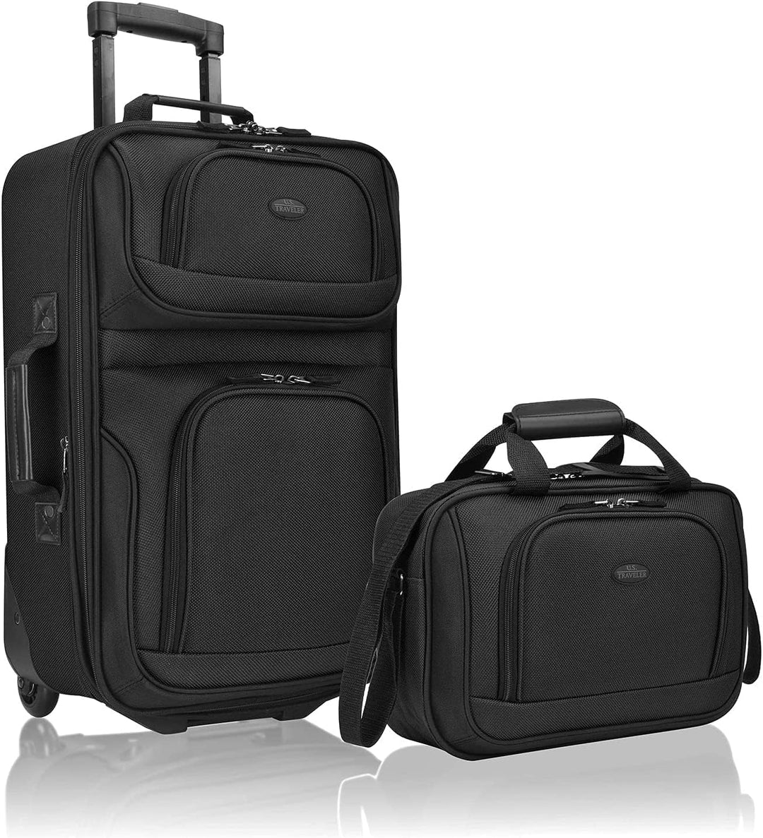 Stylish unisex 2-piece softside carry-on travel set with rolling luggage & expandable capacity.