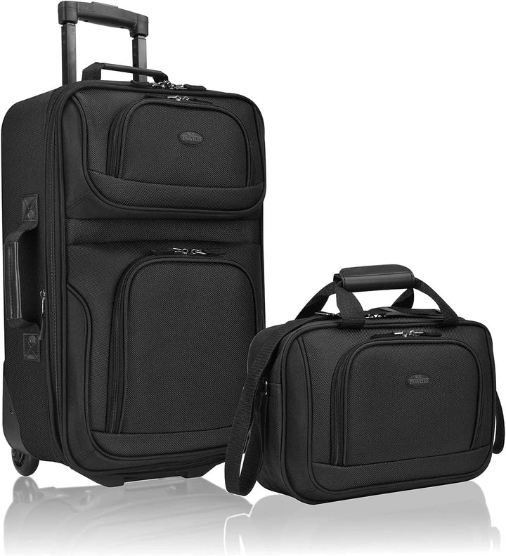 Stylish unisex 2-piece softside carry-on travel set with rolling luggage & expandable capacity.