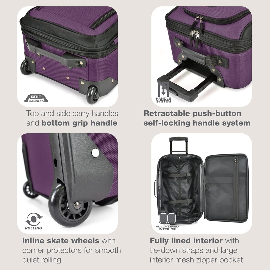 Effortless travel with this 2-piece unisex softside carry-on luggage set with smooth-gliding skate wheels.