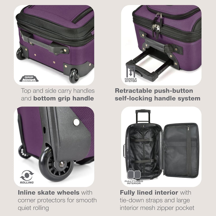 Effortless travel with this 2-piece unisex softside carry-on luggage set with smooth-gliding skate wheels.