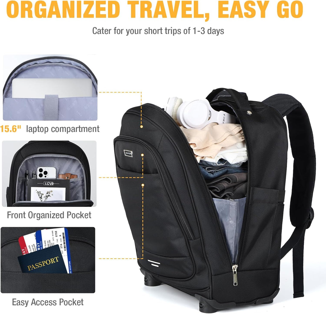 30L rolling laptop backpack with 4 spinner wheels for easy travel. Water-resistant design, unisex.