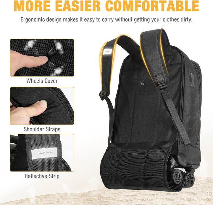 Stylish 30L rolling laptop backpack with 4 spinner wheels. Water-resistant travel bag for all your essentials.