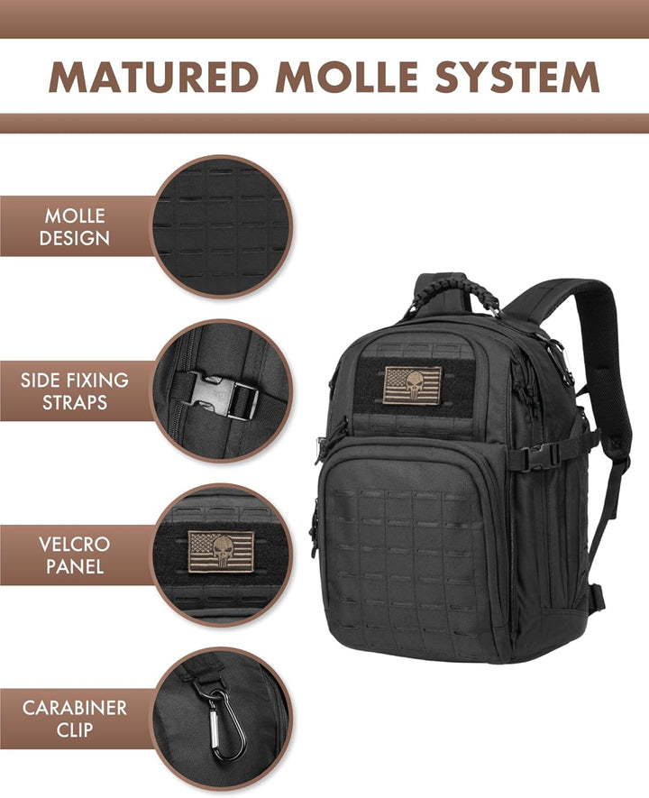 Padded laptop storage compartment inside 35L tactical backpack, securing devices for travel.