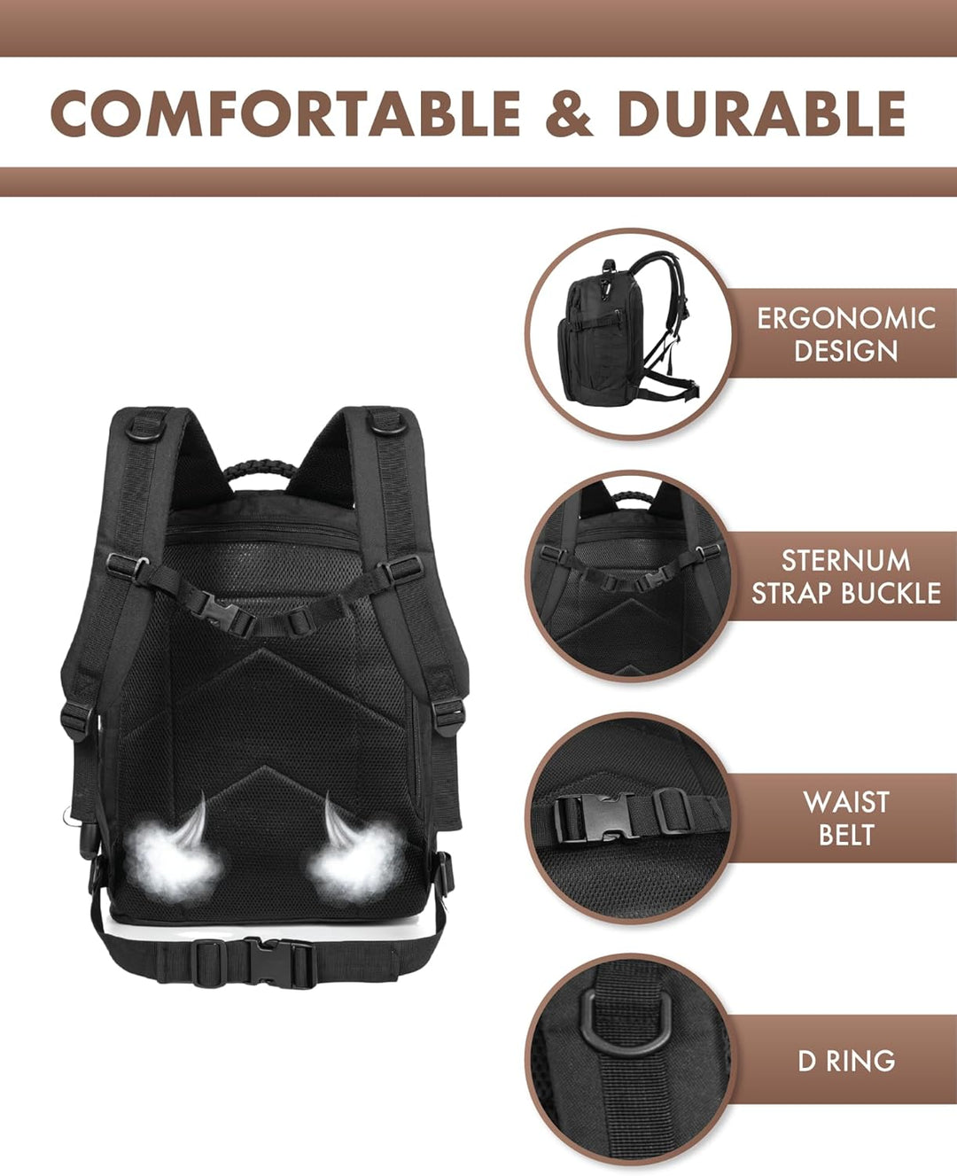 Unisex adventurer wearing 35L tactical backpack, Molle system visible, suitable for hiking & travel.