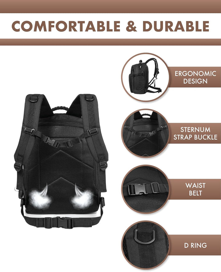 Unisex adventurer wearing 35L tactical backpack, Molle system visible, suitable for hiking & travel.