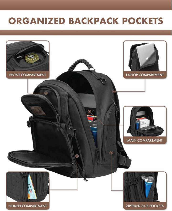 Front view of 35L tactical outdoor backpack, Molle webbing, ready for adventure & laptop transport.