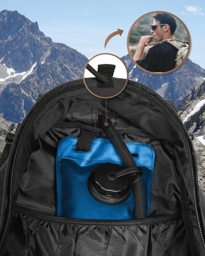 Side view of 35L tactical hiking backpack, showing compression straps & Molle loops for outdoor gear.