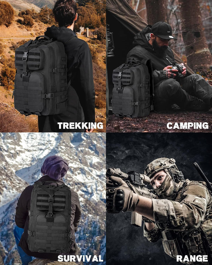 Black 35L tactical outdoor backpack with Molle system and laptop storage for unisex adventurers.