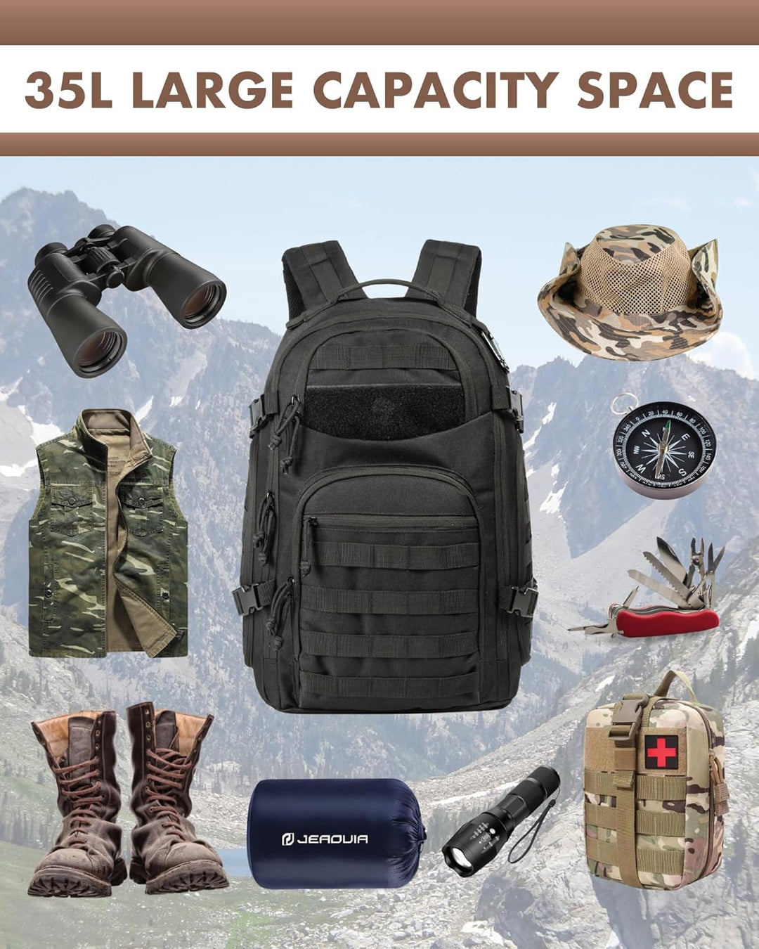Tactical 35L travel daypack for men/women, Molle compatible, with dedicated laptop storage for trips.