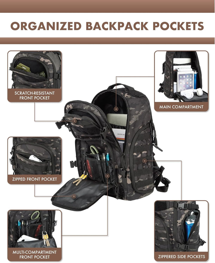 Large capacity 35L tactical backpack with Molle, ideal for camping & travel, includes laptop storage.