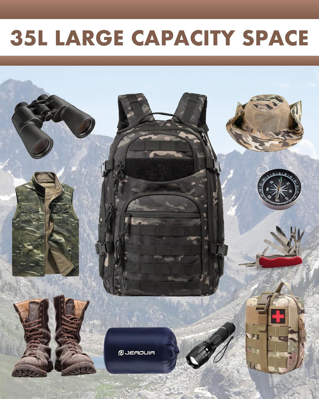 Versatile 35L tactical backpack, unisex, for hiking, travel & daily use, with Molle & laptop pocket.