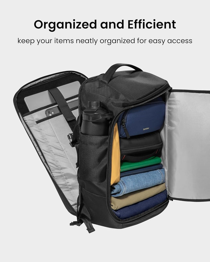 TSA-friendly carry-on backpack unzipped flat for easy airport security checks. Perfect for travel luggage.