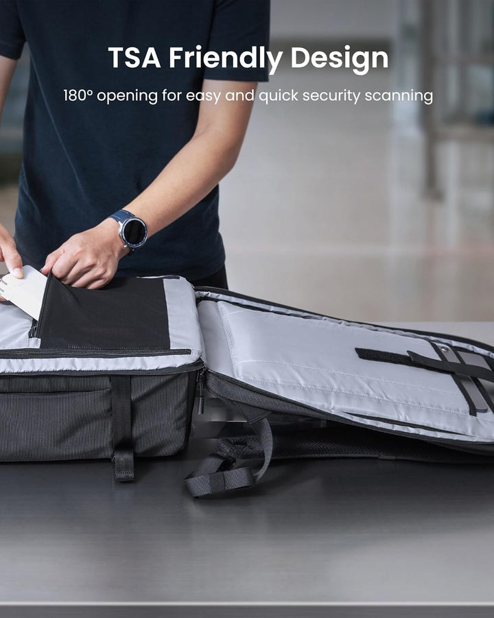 Person wearing unisex 38L travel carry-on backpack with comfortable straps, ideal for short trips.