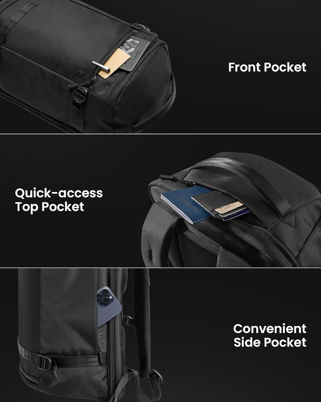 Durable unisex 38L carry-on backpack, side view showing strong material for reliable travel luggage.