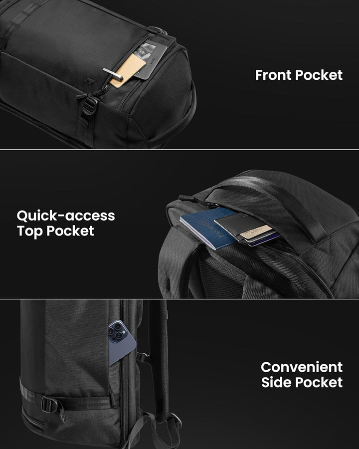 Durable unisex 38L carry-on backpack, side view showing strong material for reliable travel luggage.