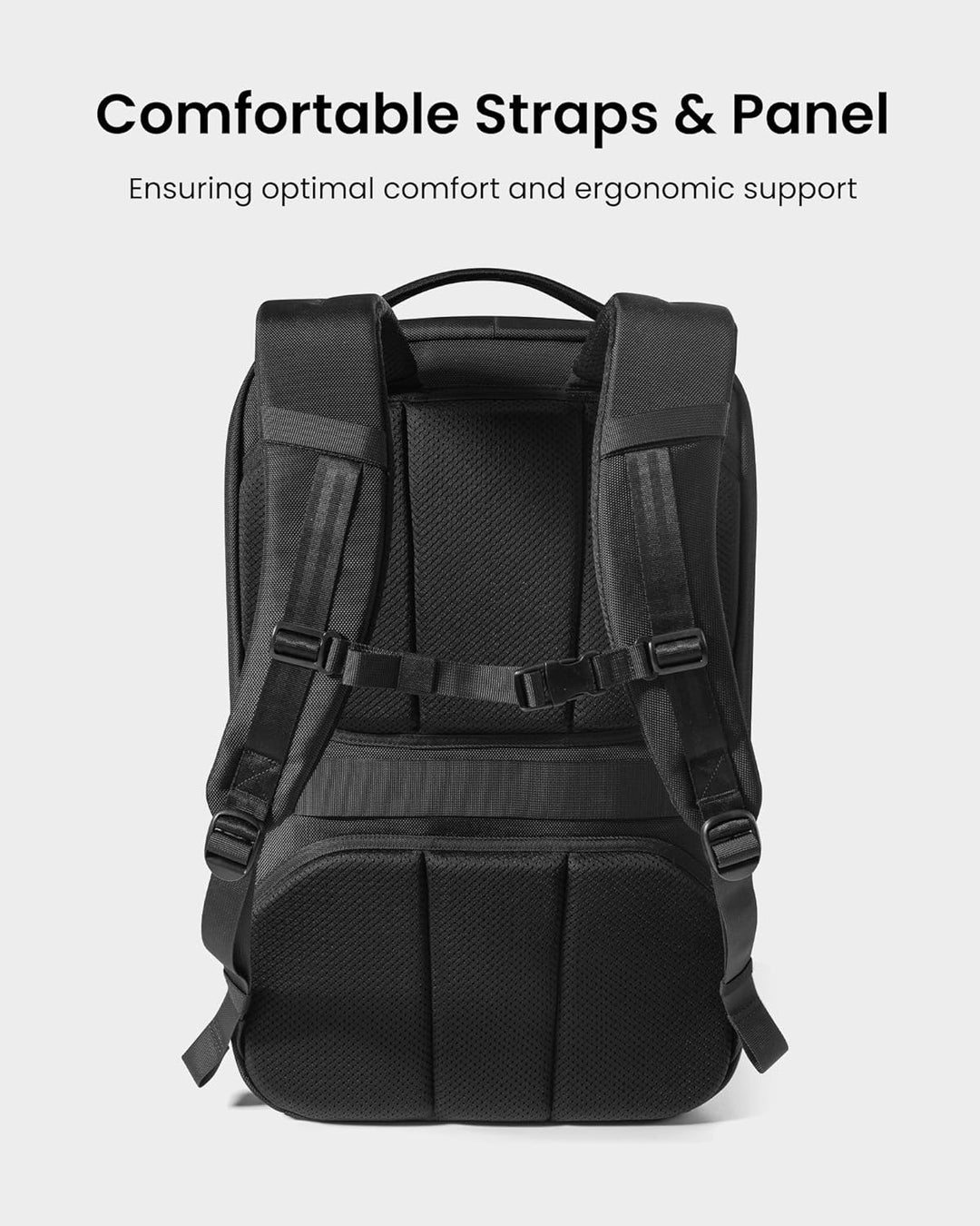 Front pocket detail of organizational TSA-friendly travel backpack for easy access to essentials.
