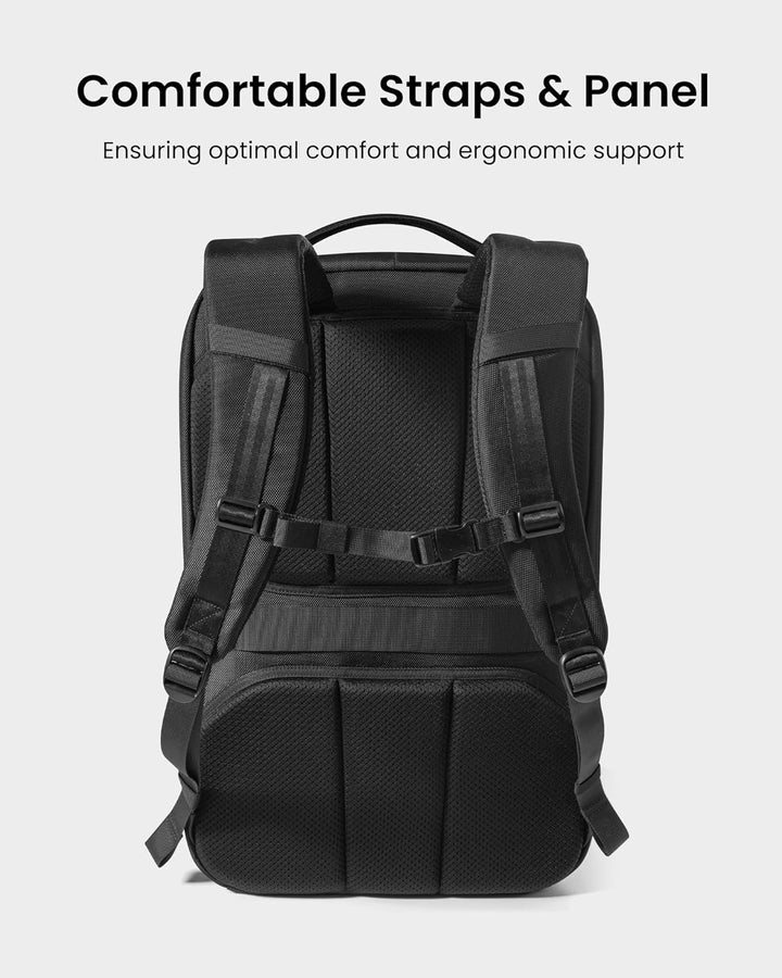 Front pocket detail of organizational TSA-friendly travel backpack for easy access to essentials.