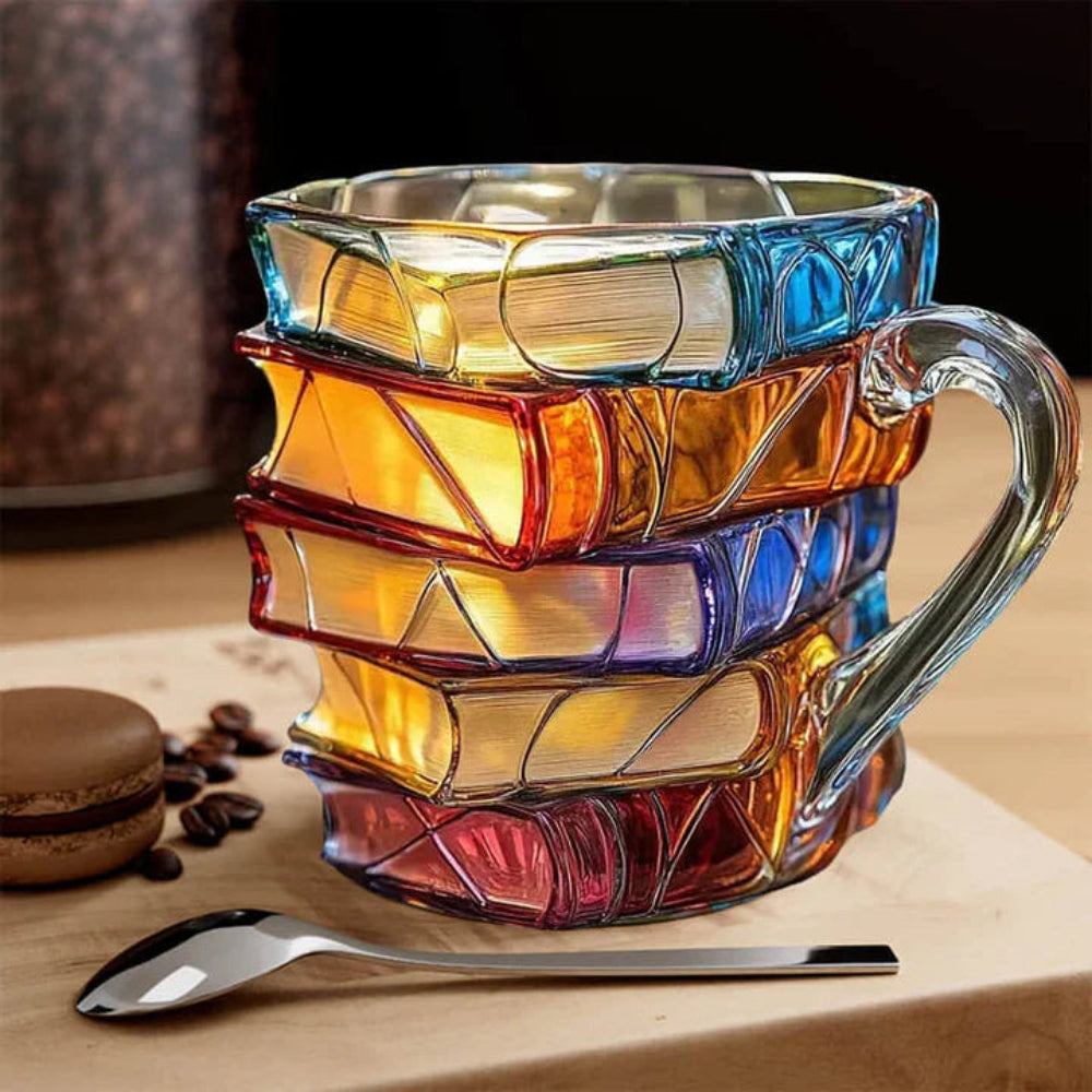 Unique glass coffee mug featuring a 3D stacked book design, perfect gift for bibliophiles & readers.