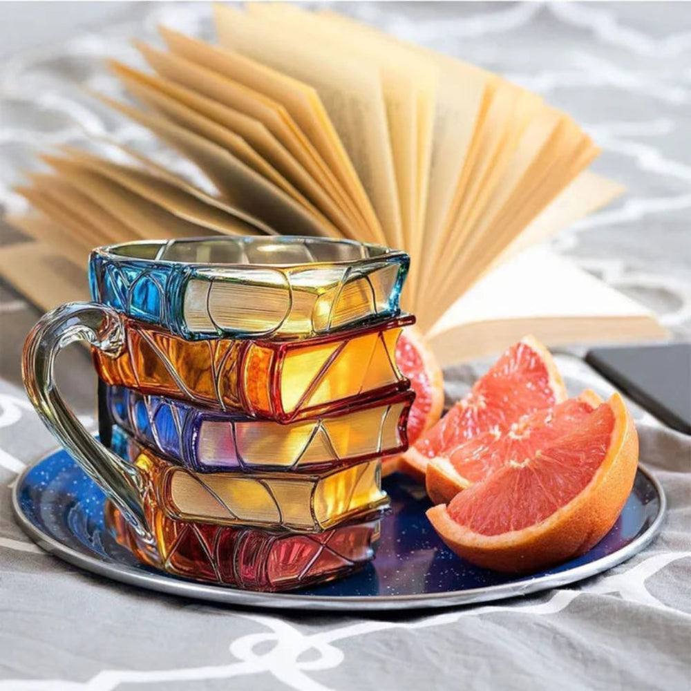 Literary themed glass coffee mug with intricate 3D stacked books, ideal drinkware for book lovers.