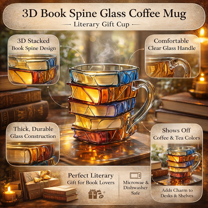 Clear glass coffee mug, 3D stacked book design. Unique literary kitchenware for bookworm coffee breaks.