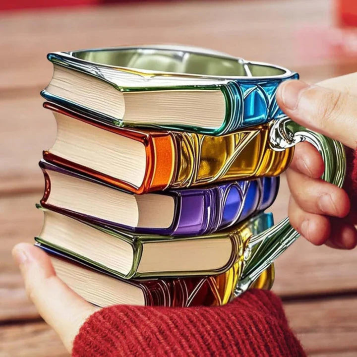 Novelty 3D stacked book coffee mug, made of clear glass. A unique literary gift for avid readers.