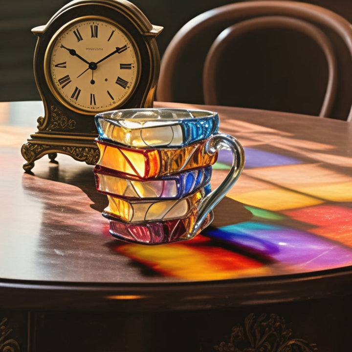 Stylish 3D stacked book glass coffee mug. Unisex literary drinkware, perfect for a cozy reading nook.