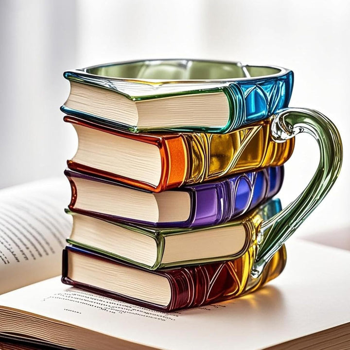 Decorative 3D stacked book coffee mug, clear glass. Literary kitchenware for unique drink enjoyment.