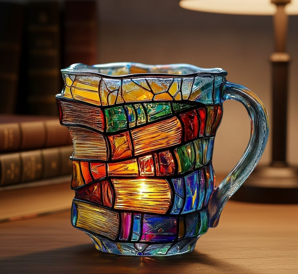 Unisex clear glass coffee mug with a creative 3D stacked book design. Great literary gift for bookworms.