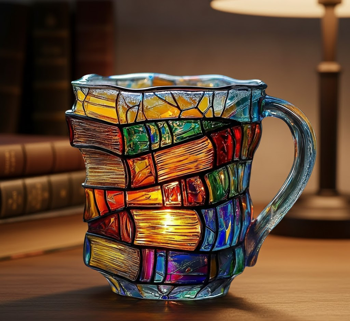 Unisex clear glass coffee mug with a creative 3D stacked book design. Great literary gift for bookworms.
