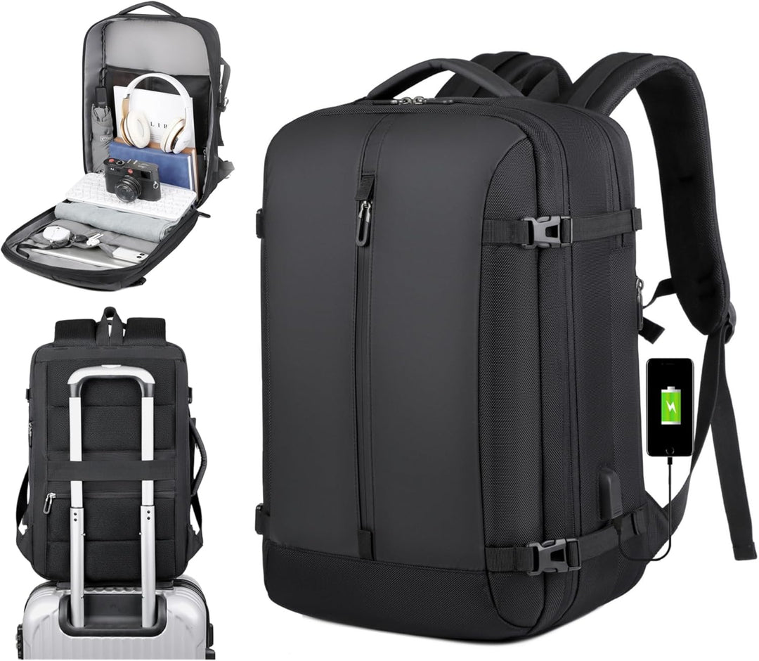 Unisex 40L AirVoyage expandable travel backpack with USB, waterproof, and 17” laptop sleeve for versatile use.
