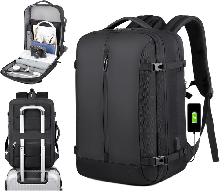 Unisex 40L AirVoyage expandable travel backpack with USB, waterproof, and 17” laptop sleeve for versatile use.
