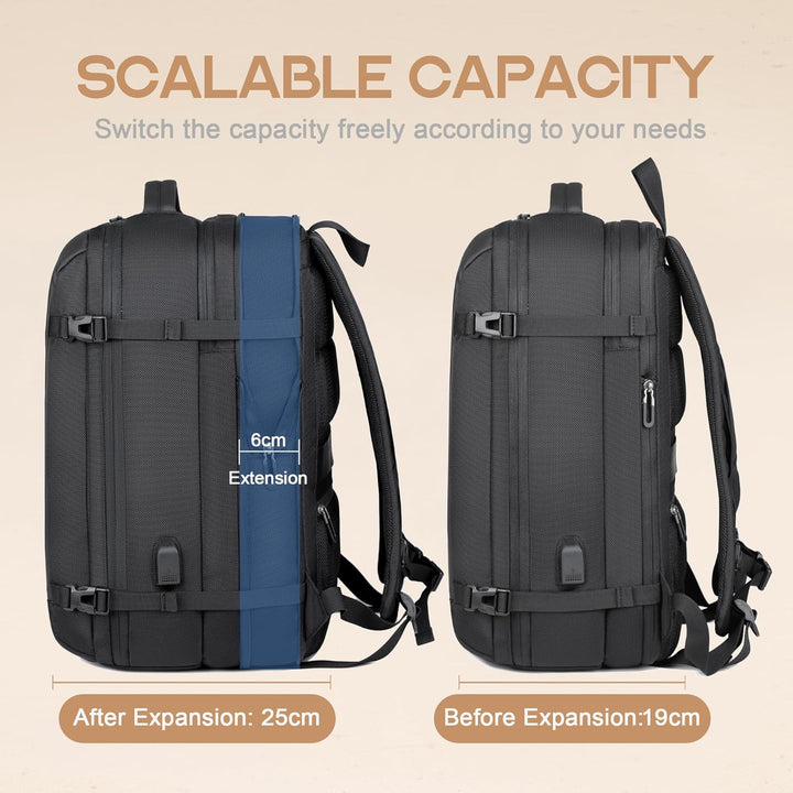 Waterproof USB travel backpack with 17" laptop sleeve. Unisex expandable carry-on for business & college.