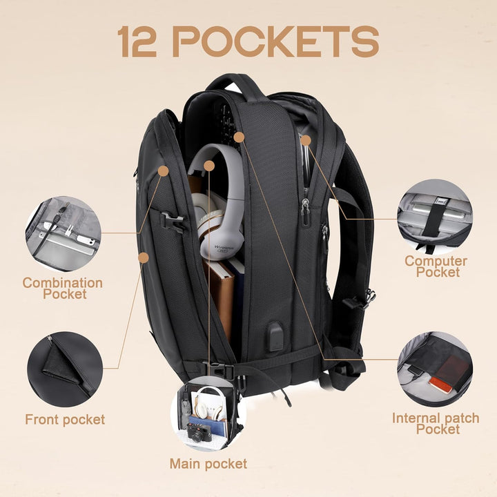 Durable AirVoyage 40L waterproof travel backpack. Expandable, anti-theft design for secure unisex travel.